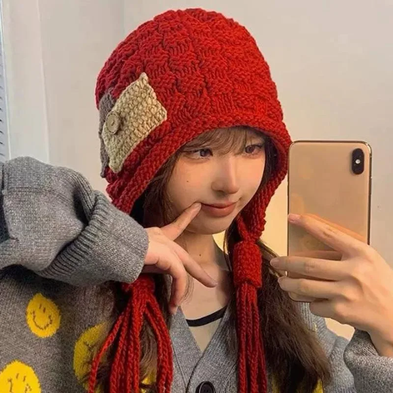 Ear-Flap Balaclava Hat Women Winter Knitted Woolen Coldproof Beanies Caps Fashion Korean Handmade Ear Protection Pullover Hats
