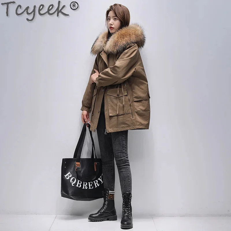 Tcyeek-Parka mi-longue pour femme avec col en fourrure de raton laveur, veste coréenne amovible, doublure de lapin Rex, vêtements chauds pour l'hiver, 23