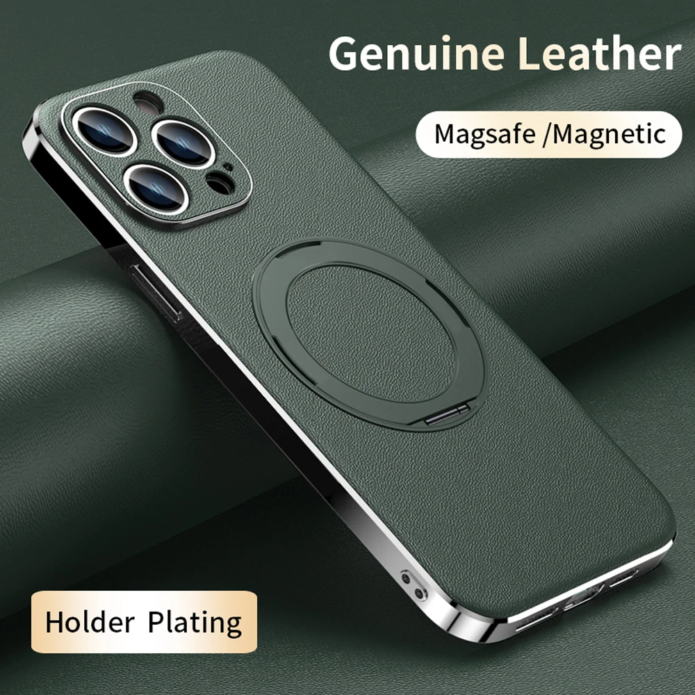 

Magnetic Leather Holder Phone for Magsafe Case for iPhone 16 15 14 12 13 Pro Max 16 Plus Ring Plating Lens Protection Back Cover