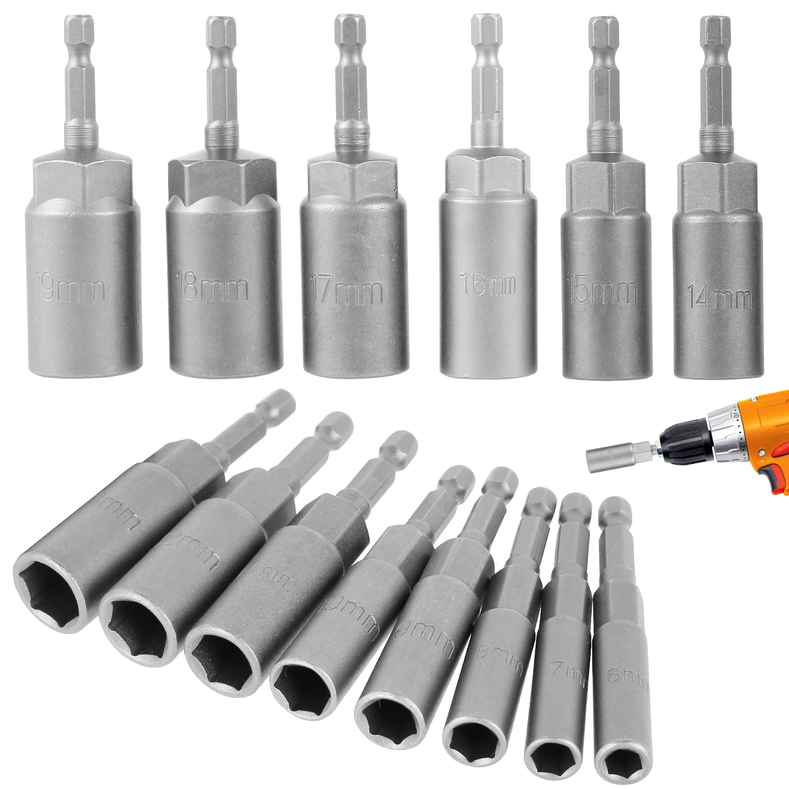 14Pcs  6-19mm Deep Socket Adapter Set Hex Shank Nut Driver Bits Set Nut Setter Drill Bit Set Magnetic Hexagonal Sockets Set