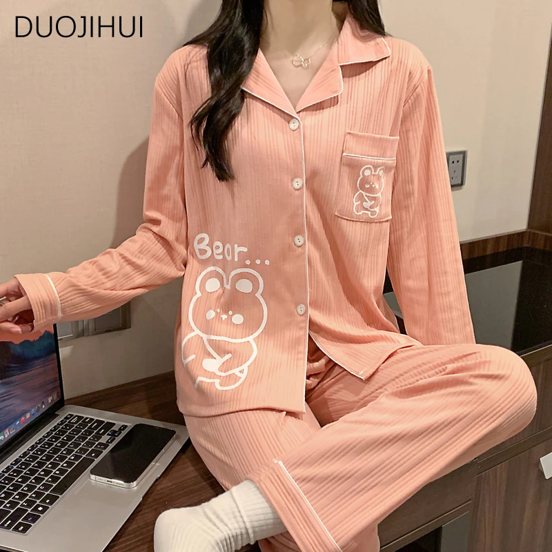 DUOJIHUI Two Piece Loose Casual Home Pajamas for Women Autumn Sweet Button Cardigan Basic Simple Pant Fashion Female Pajamas Set