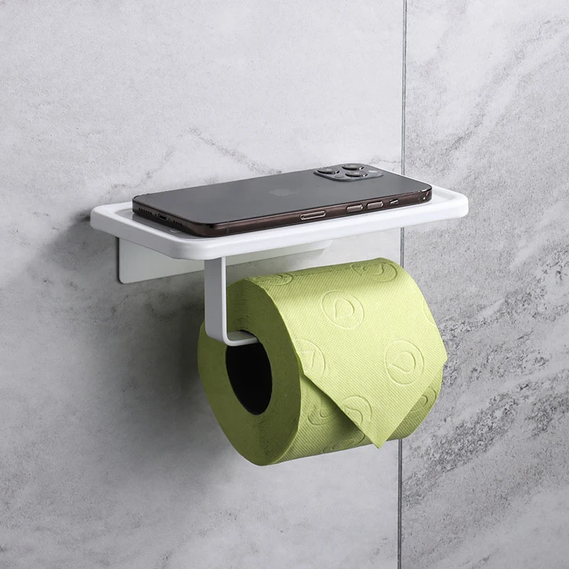 CANBOUN Toilet Space Aluminum White Toilet Paper Towel Holder Free Punch Shelf Storage Mobile Phone Roll Paper Holder