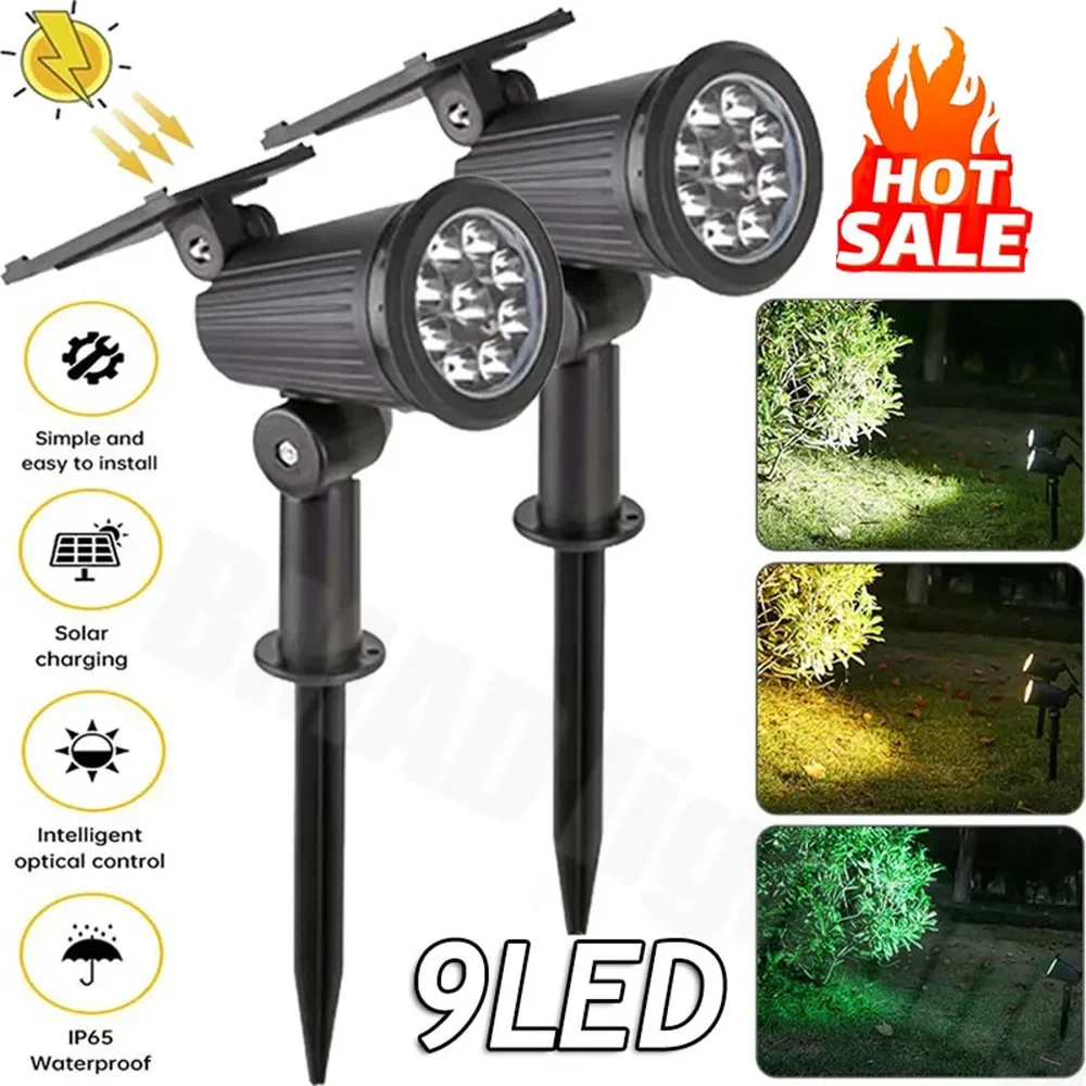 9 LEDs Solar Spotlights, Outdoor IP65 Waterproof, Spot Lights, Brightness Adjustable for Garden Backyard Driveway Patio Decor