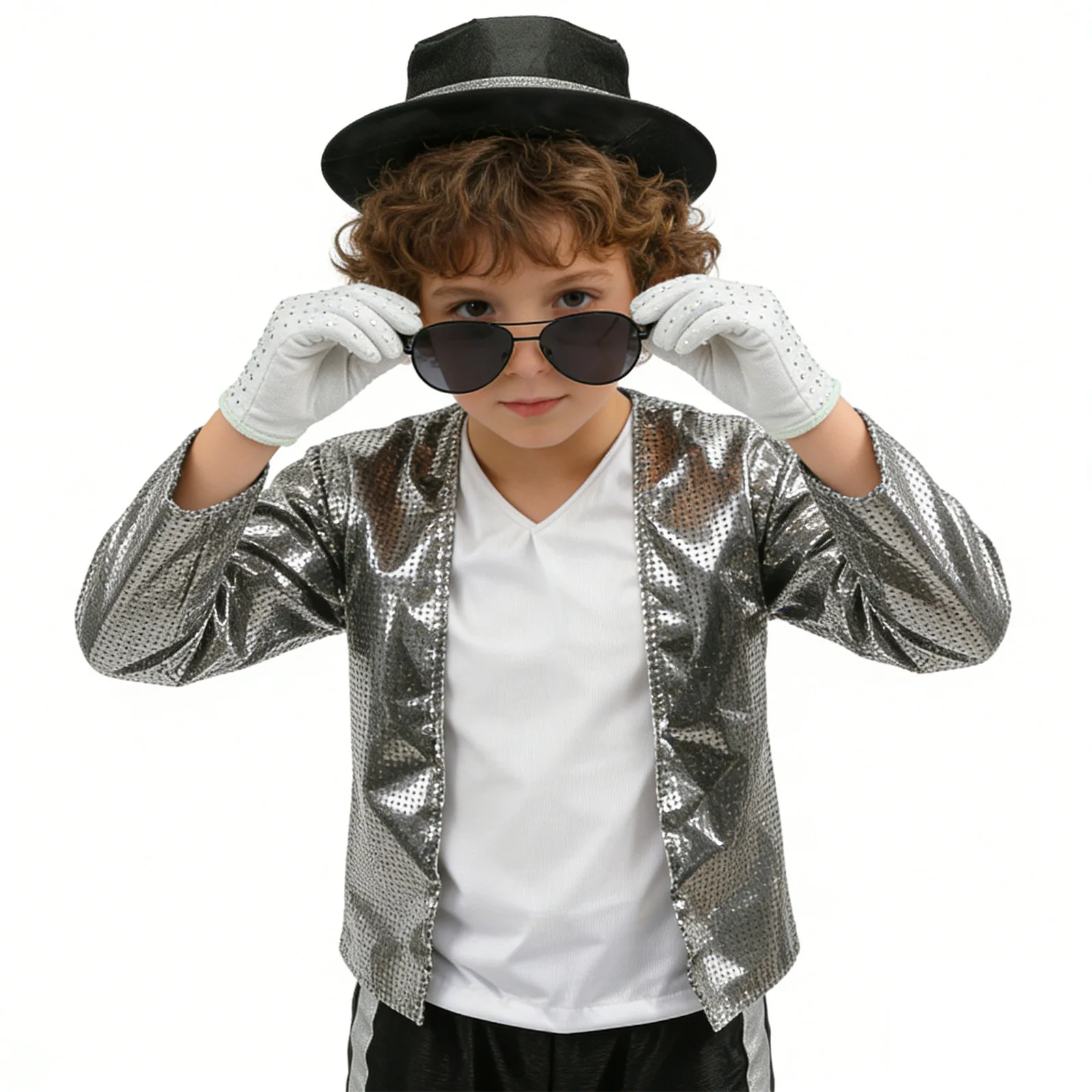 Kinder Pailletten-Tanzkostüm 6-teilig Sänger-Auftrittsoutfit Glitzer-Jacke Hose Hut Handschuhe Sonnenbrille Halloween Bühnen-Cosplay-Anzug – Detail 7