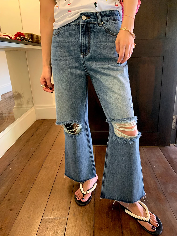 

High Waist Denim Jeans Women's 2025 New Bell Bottom Hole Design Small Size High Waist Denim Blue Casual Style Long Pants