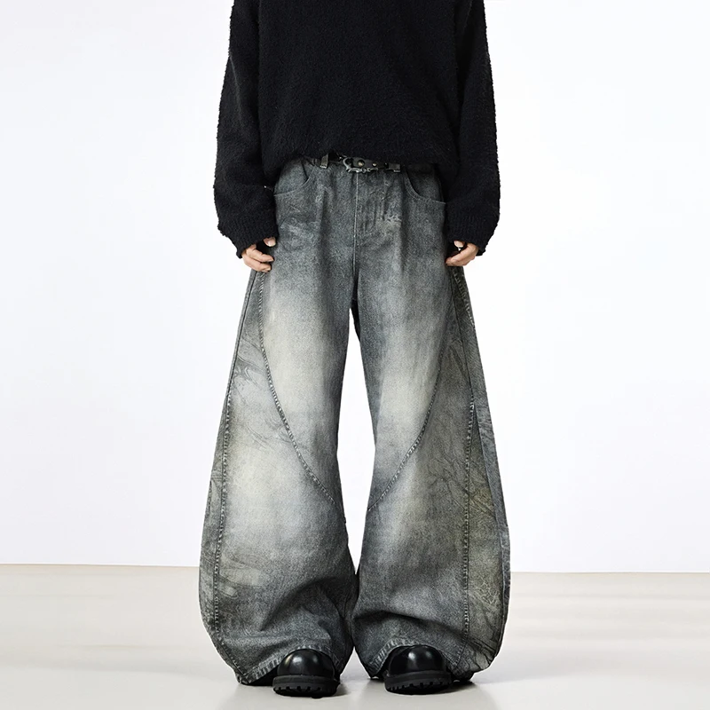 American Style Men's Jeans 3D Printing Contrast Color Design Deconstruction Wide Leg Male Curved-knife Denim Pants
