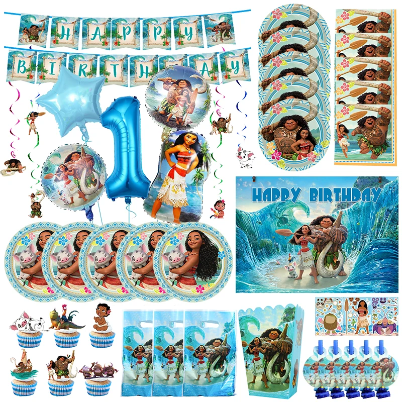 Disney Moana Birthday Party Decoration Tableware Cup Set Moana Maui Balloons Girls Birthday Banner Backdrop Theme Event Supplies