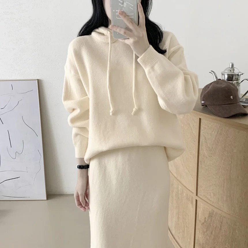 

Шикарный винтажный комплект с капюшоном и юбкой с высокой талией для женщин, осенне-зимний антивозрастной дизайн, модный и Ele