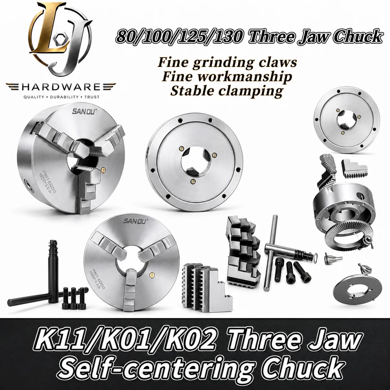 Sanou High Precision 3 Jaw Self-Centering Lathe Chuck K01 K02 K11-80/100/125/130 Manual Set for CNC Turning Machine Tool