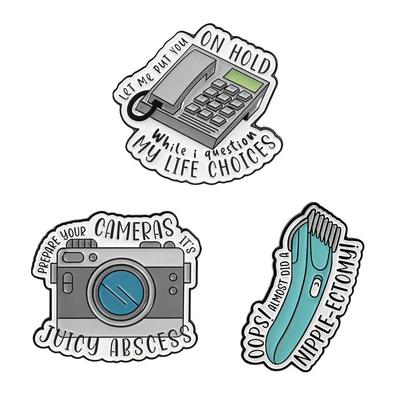 Cartoon telephone camera-shaped badges, funny lettering series alloy pins, accessories for clothing and bags, gifts for friends