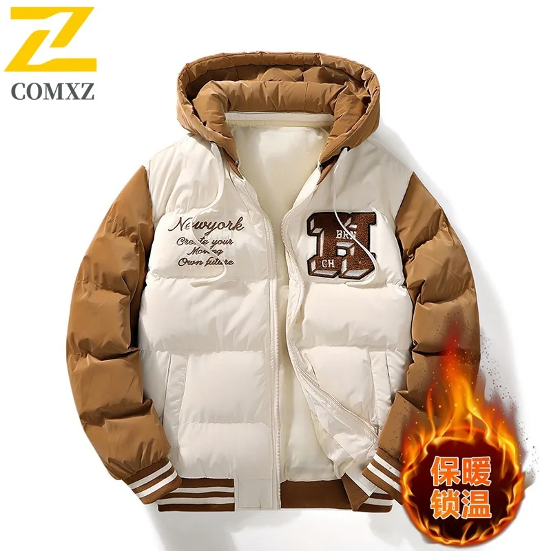

COMXZ Thick Cotton Men 2023 Winter New Youth Student Trendy PU Shiny Down Cotton Hooded Puffer