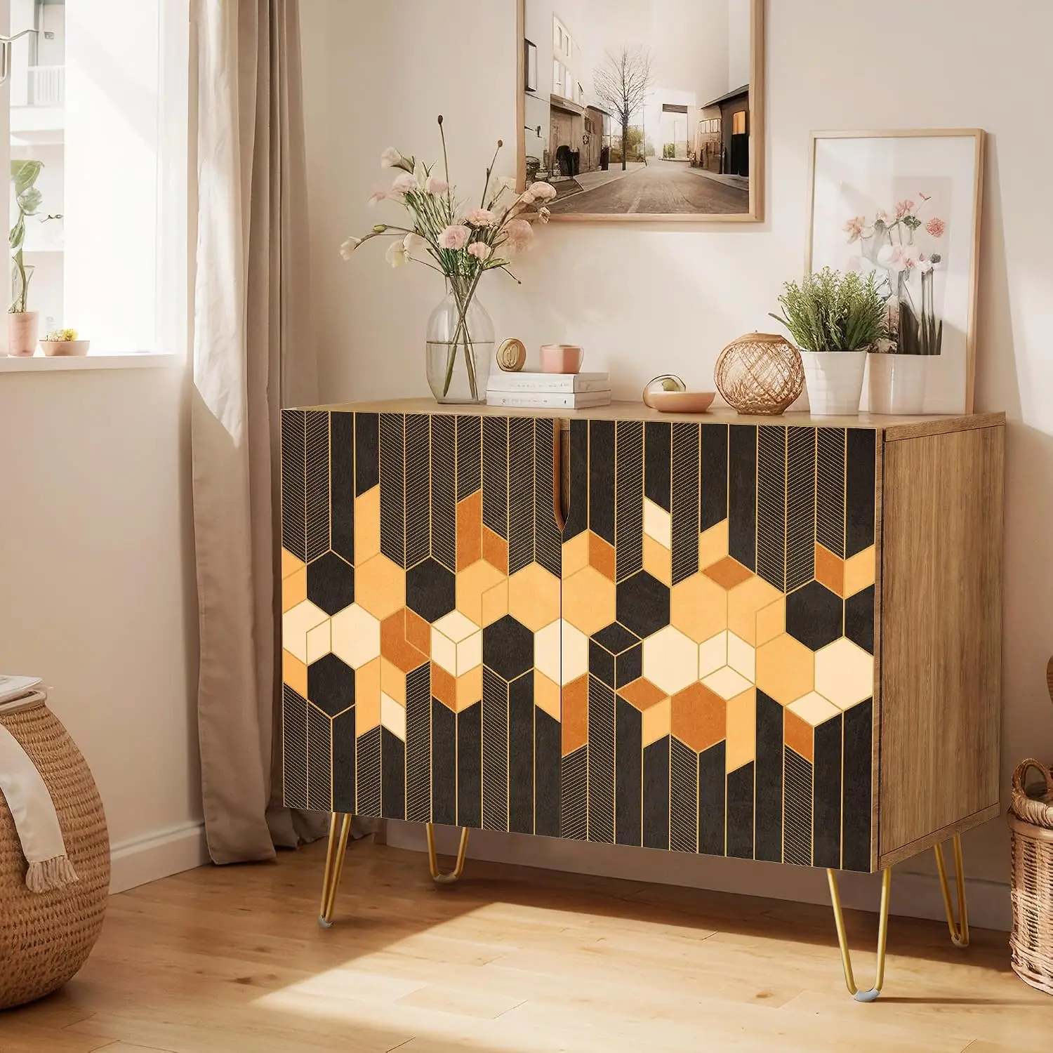 Sideboard Cabinet 2 Doors Hexagon Pattern Black Brown Cupboard Console Dining Room 35