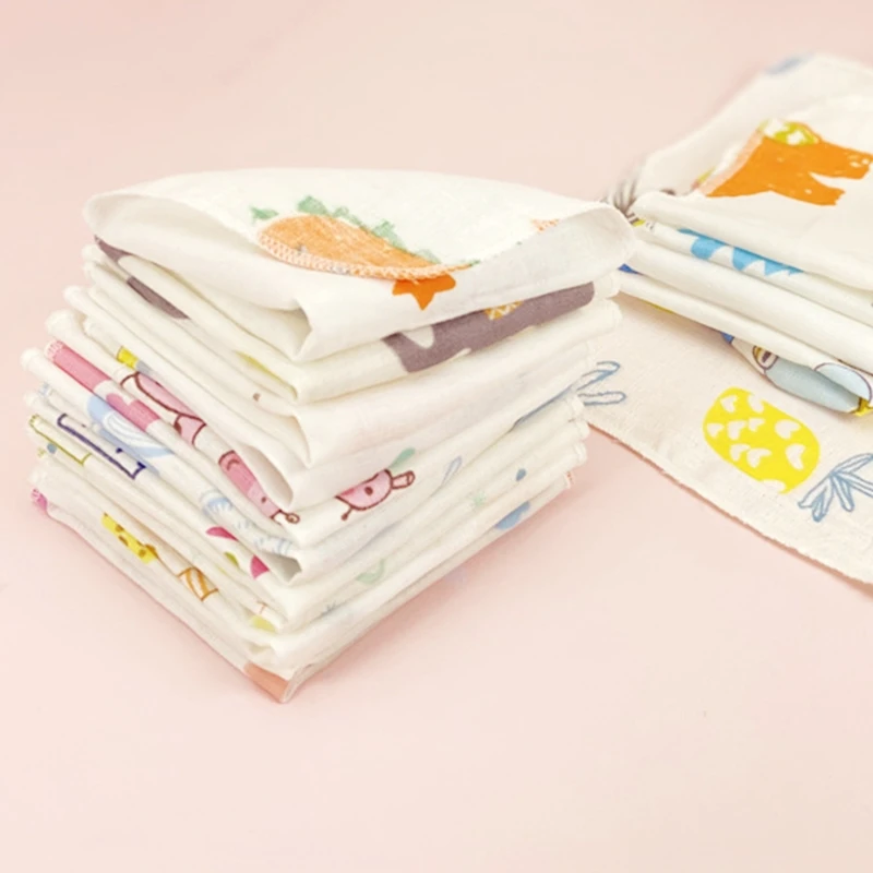 10Pcs Baby Washcloths Set Cartoon Print Double Layer Gauze Infant Face Towel Reusable Wipes Absorbent Burp Cloth