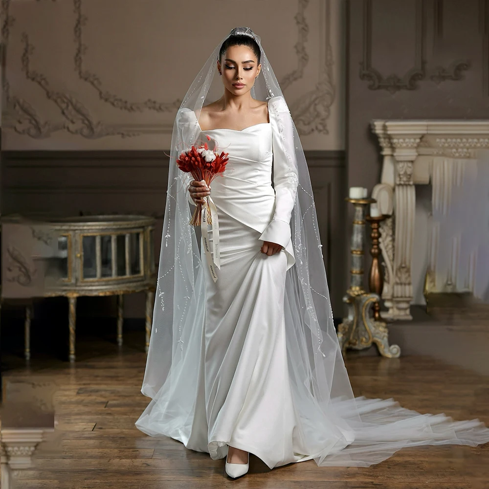 

Elegant Weddings Dresses Square Collar Long Sleeve Brides Dress Mermaid Sweep Train White Bridal Gown Customized robe de mariée