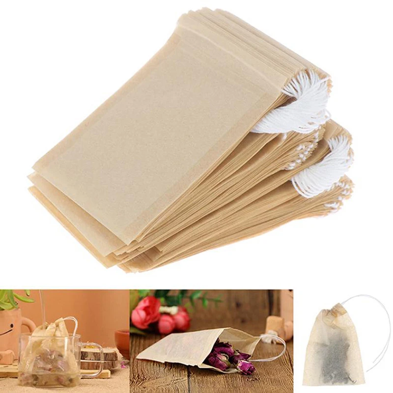 100Pcs Teabags Biodegradable Paper Tea Bag Drawstring Eco-Friendly Filter Empty Tea Bags Loose Leaf Tea Powder Herbal Medicine