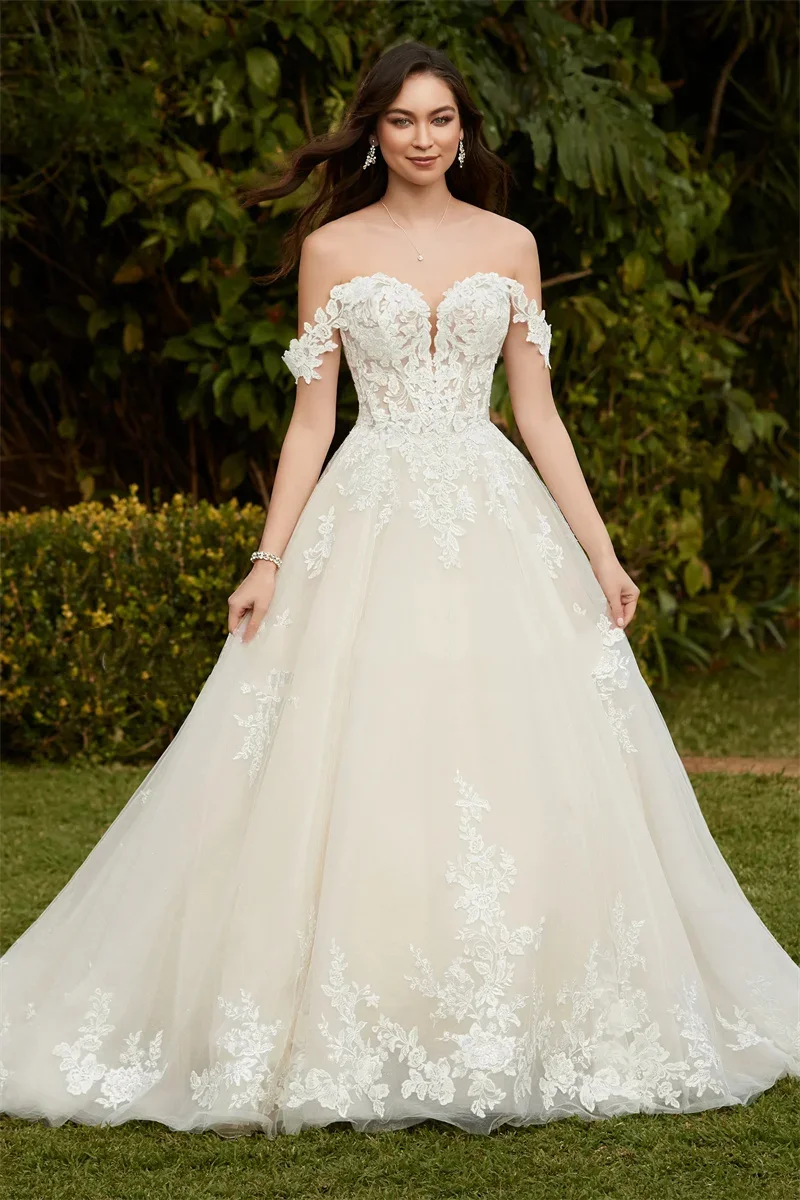 Vestido de novia elegante de tul con escote en forma de corazón y hombros descubiertos, pegatinas de encaje brillantes, vestido de novia Formal, vestido de fiesta personalizado