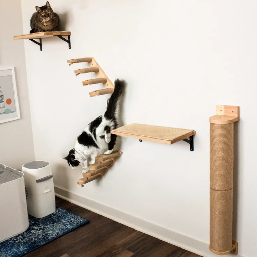 Wall Mounted Cat Climbing Shelves Cat Hammock with Stairway and Scratching Post Jumping Platform for Kittens Playing and Perch