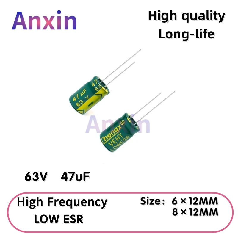 

50PCS 63V47uF Aluminum Capacitor, High Frequency Low ESR 105°C Radial for Power Supply Long-life 6×12MM 8×12MM