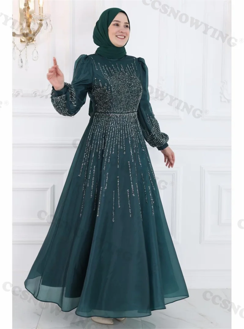 Organza Appliques Beaded Muslim Evening Dresses Long Sleeve Hijab Islamic Women Formal Party Gown Arabic Dubai Robes De Soirée