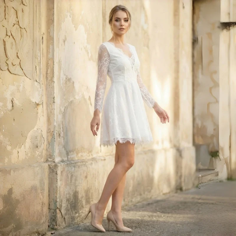 Deep V Eyelash Lace Short Wedding Dress Long Sheer Lace Sleeve High Waist A-Line Swing Skirt Evening Gowns Customizable
