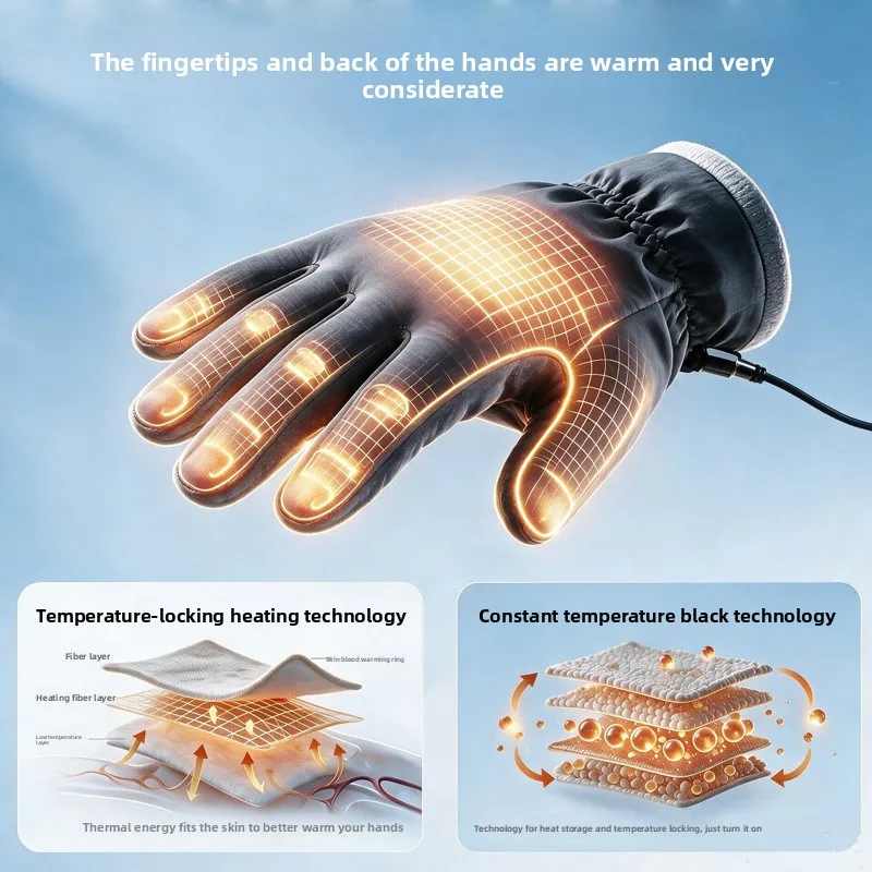 USB Heated Gloves with 3-Level Temperature Control, 5-Finger or Back-of-Hand Heating for Cycling, Skiing, Winter Warmth