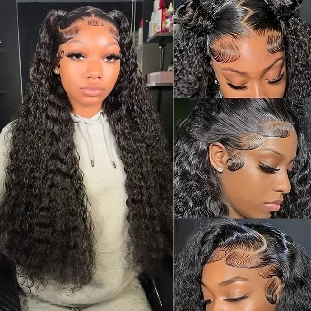 Pelucas frontales de encaje de Color Natural ondulado con agua 13x4, cabello humano transparente de 220 de densidad, peluca Frontal de encaje prearrancada para mujeres 1B