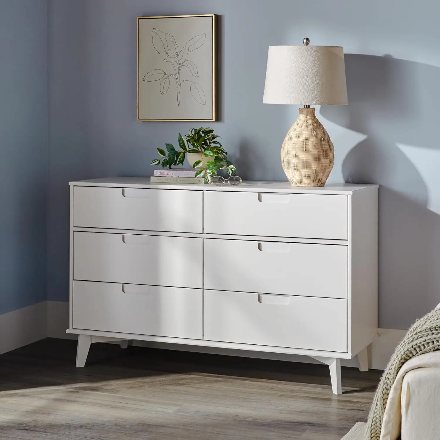 Mid-Century Modern Grooved Handle Wood 6-Drawer Dresser, 52 Inch, White Wash