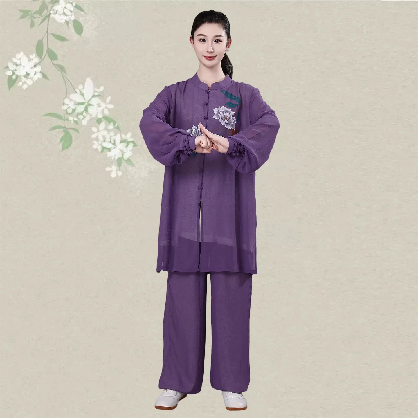 Chinese Kung Fu Suit Tai Chi Clothing Martial Arts Traditional Taijiquan Practice Exercise Flower Print Breathable Tops +pants