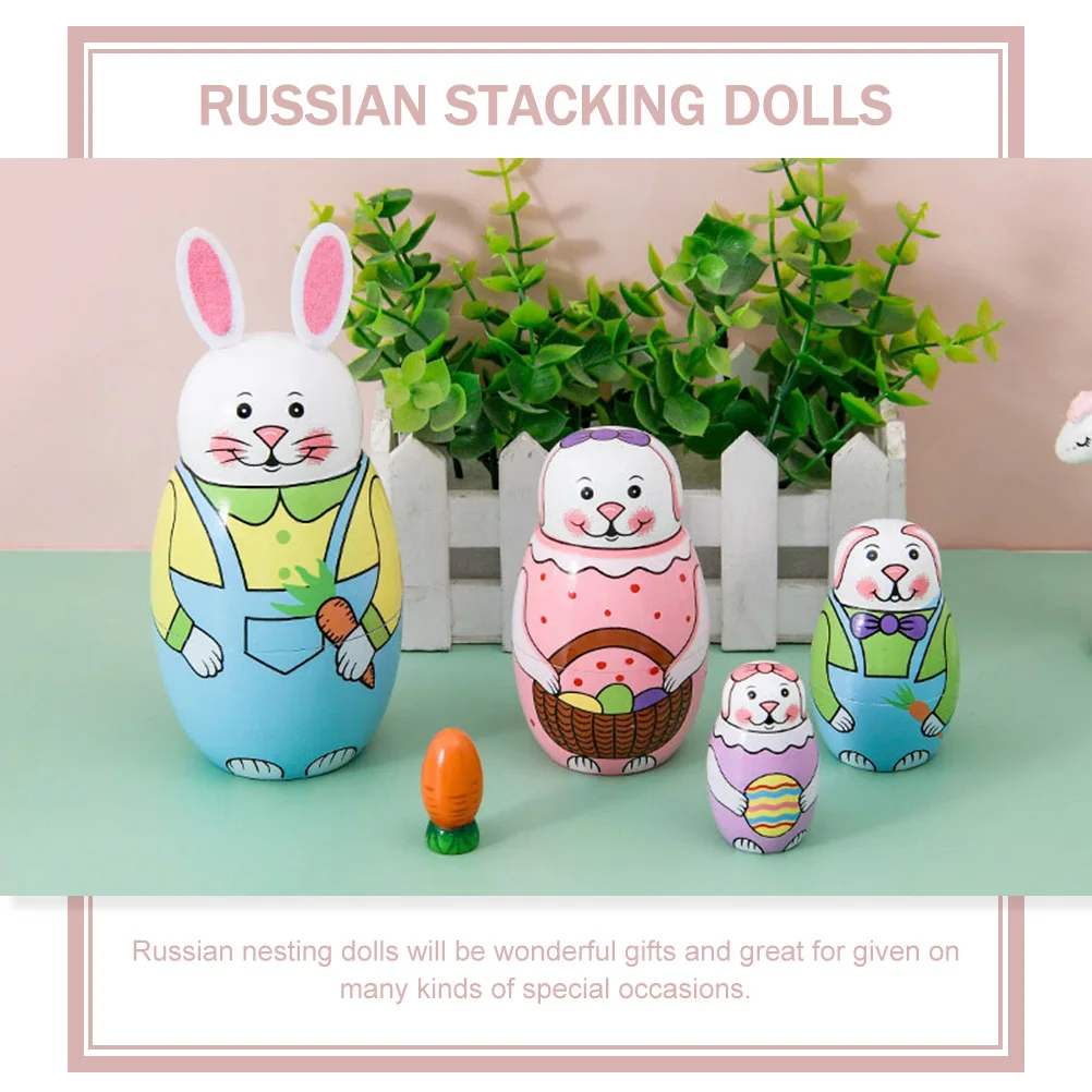 

Painted Bunny Nesting Decorative Wooden Matryoshka Toys Stacking Russian Home Crafts Safe Natural Wood Kids Play