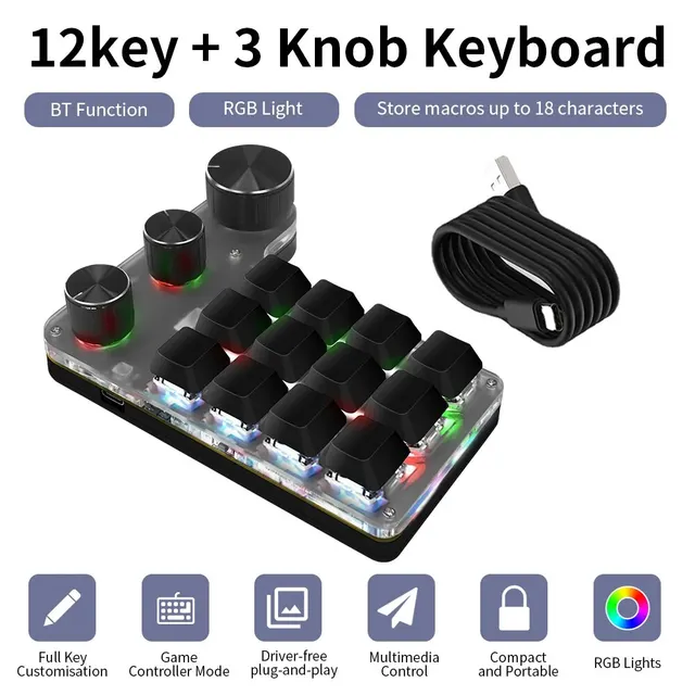 Programowanie Bluetooth Makro Niestandardowa 3-rękowa klawiatura RGB 12-klawiszowa kopia Wklej Klawiatura do gier Photoshop Mechaniczna klawiatura Macropad Hotswap