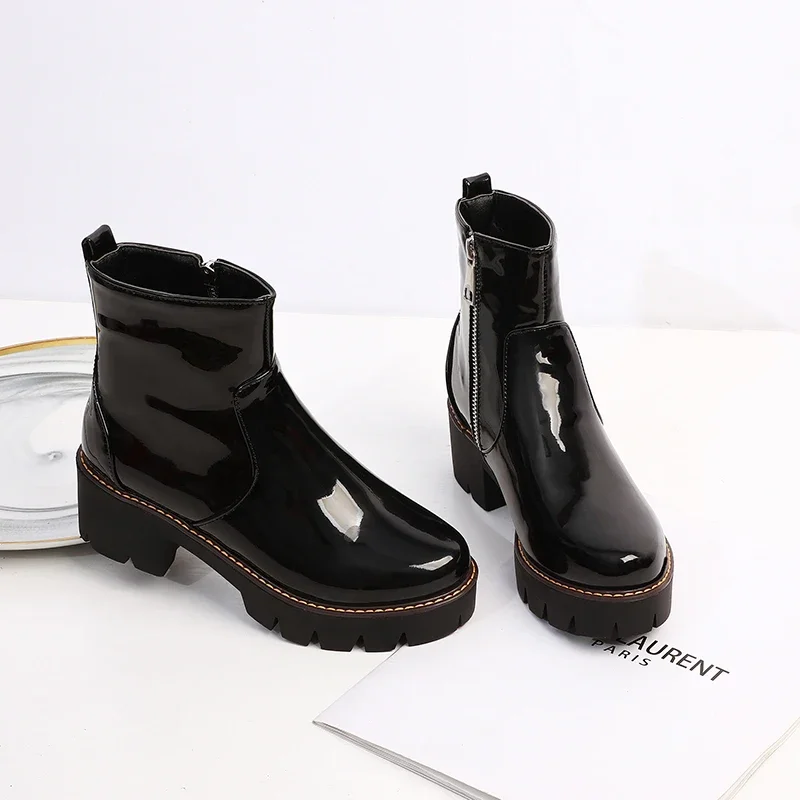 Women Laser Shining Patent Leather Ankle Boots Street Riding Chunky Heels Platform Short Plush Lining Winter Booties Young Shoes