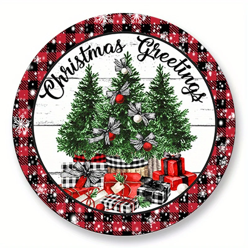 1pc 8x8inch Aluminum Metal Sign, Christmas Trees Gifts, Buffalo Plaid Christmas Sign - Christmas Wreath Sign - Door Hanger