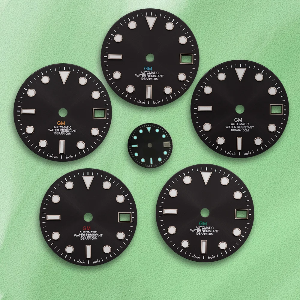 Vendite calde 28,5 mm S Logo quadrante nero GMT Cornice calendario argento Blu ghiaccio Luminoso Fit NH34 Movimento Orologio Accessori per la modifica