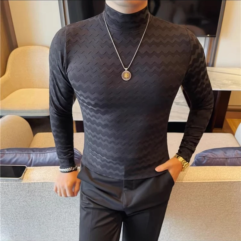 

Autumn Winter Mock Neck Long Sleeved T-shirt for Men Slim Fit Wavy Bottom Shirt Casual Business Social Streetwear Shirt M-4XL