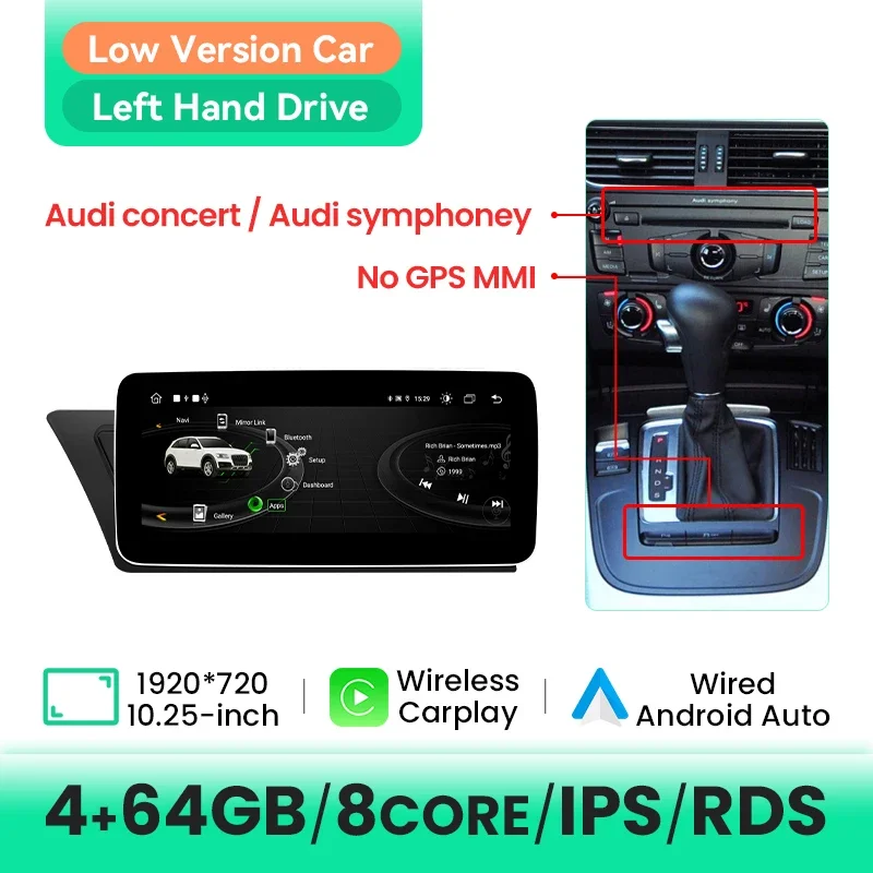 Draadloze Carplay Android 14 Auto Multimedia Speler voor Audi A4 B8 A5 2009-2017 8GB+128GB GPS Navigatie IPS Scherm 4G WIFI DSP AI Spraakbesturing