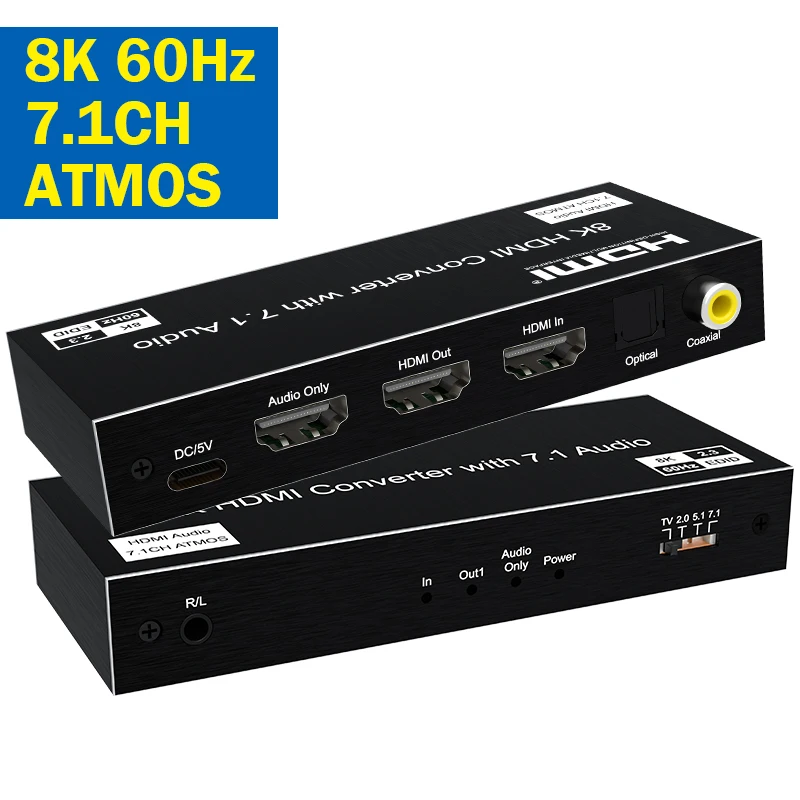8K@60Hz HDMI 7.1CH Audio Extractor 4K@120Hz HDMI 2.1 to HDMI Audio/Optical SPDIF/Coaxial 5.1CH+3.5mm Audio Out ATMOS HDCP2.3 VRR