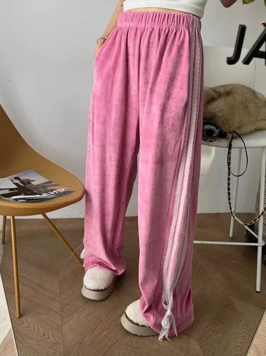 South korea Chic Winter Sweet  High Waist Versatile Contrast Color Stripe Design Drape Wide Leg Casual Pants Trousers Women