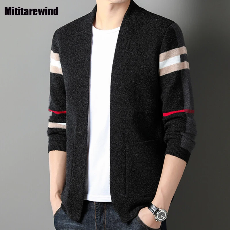 

New Fall Knitwear Men Business Casual Mens Cardigans Slim Fit Striped Knitted Sweater Youth Fashion Sweater Jackets Size M-4XL