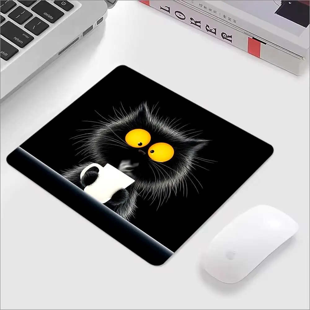 Kawaii Coffee Cat Mouse Pad Black Square Gaming Accessory Rubber Deskmats Non Slip Computer Keyboard Mat Laptop Mousepad