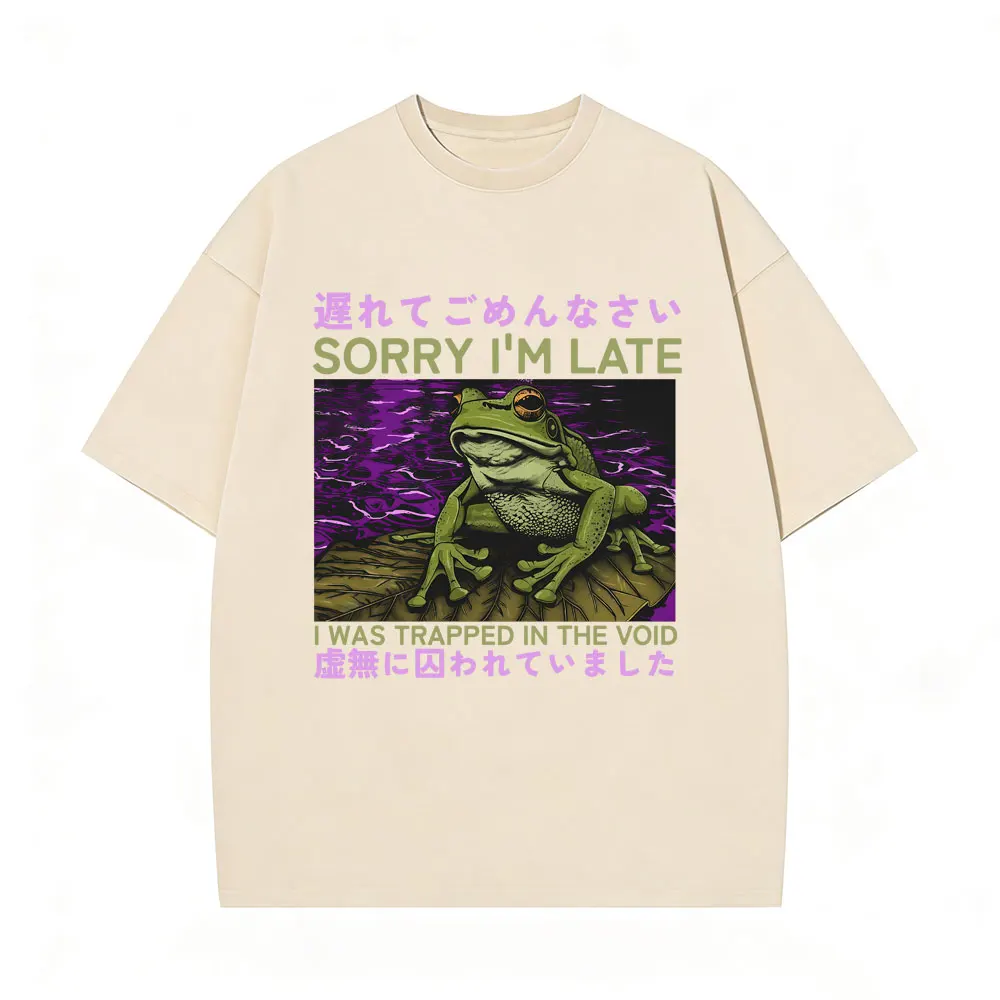 

Sorry I'm Late I Was Trapped in The Void T Shirt Funny Japanese Style Frog Vintage Washed T-shirt Men Cotton Oversized T-shirts