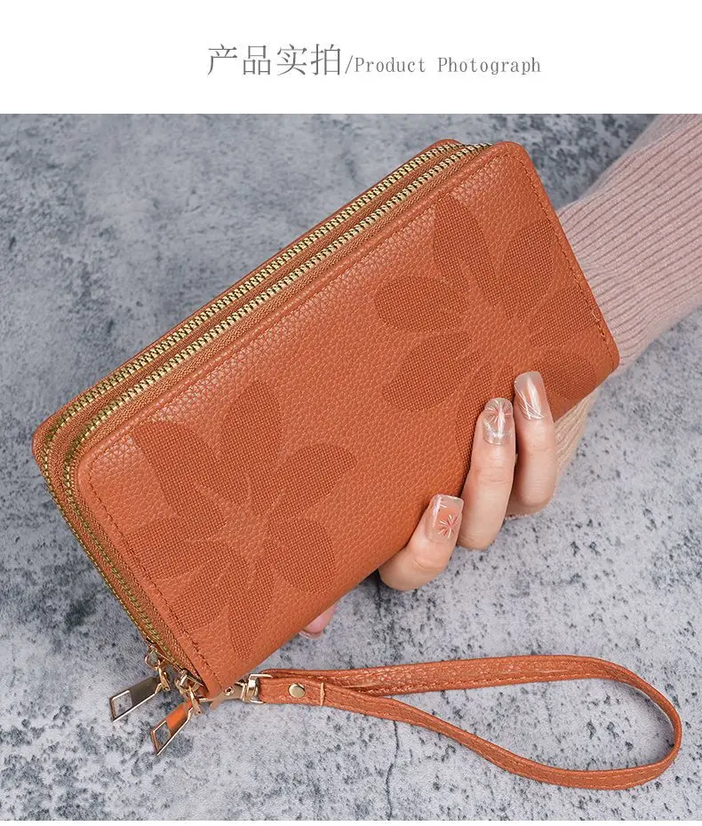 Neue Doppel-reißverschluss Große Kapazität Lange Brieftasche für Frauen Mode Multi-schicht Telefon Münze Karte Geldbörse Floral Geprägte PU leder – Detail 12