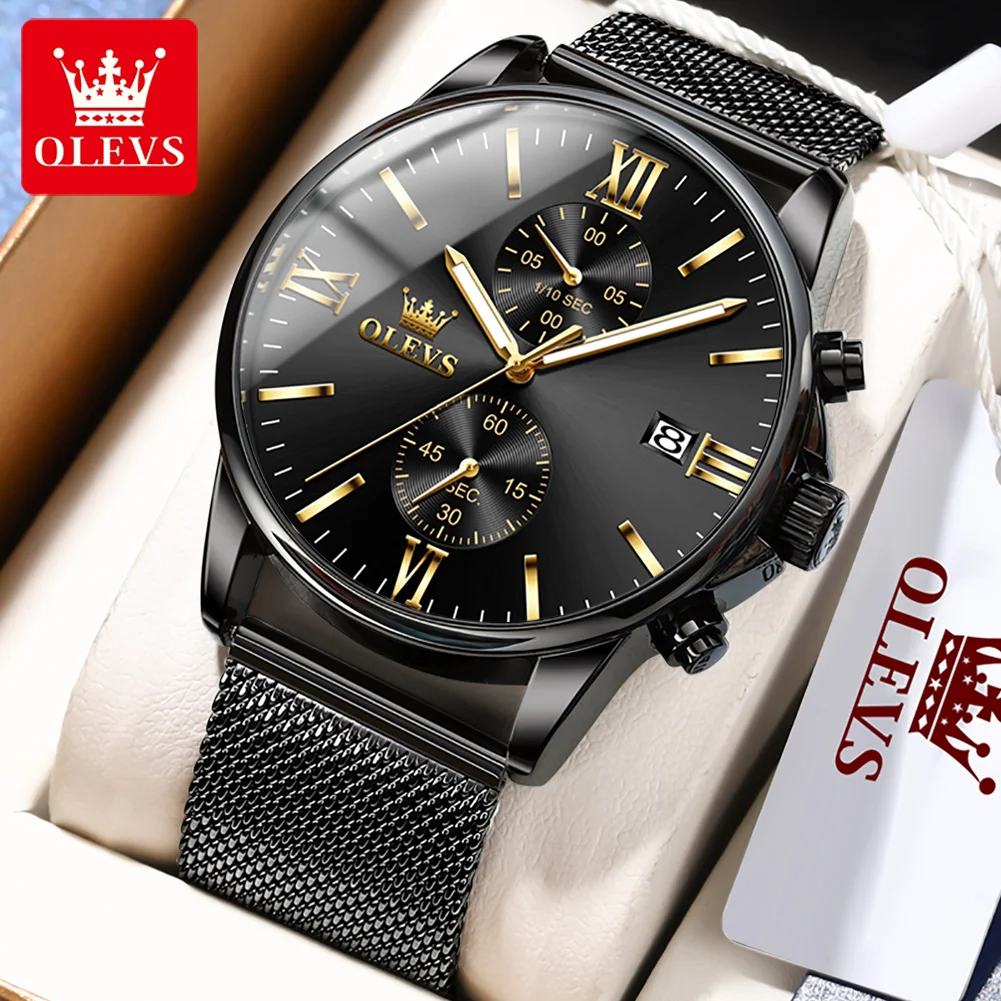 

OLEVS 2886 Men's Watches Classic Black Stainless steel Luminous Waterproof Multifunctional Small Dial Chronograph Watch For Men