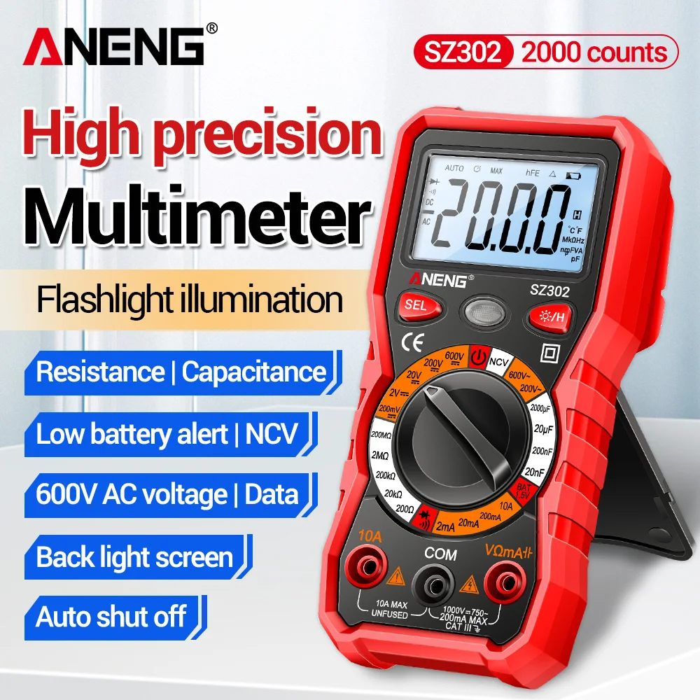 

Цифровой мультиметр ANENG SZ302, умный тестер, детектор напряжения AC/DC, измеритель тока, NCV-детектор, измеритель сопротивления, диодный тестер, омметр, амперметр, инструменты для электриков