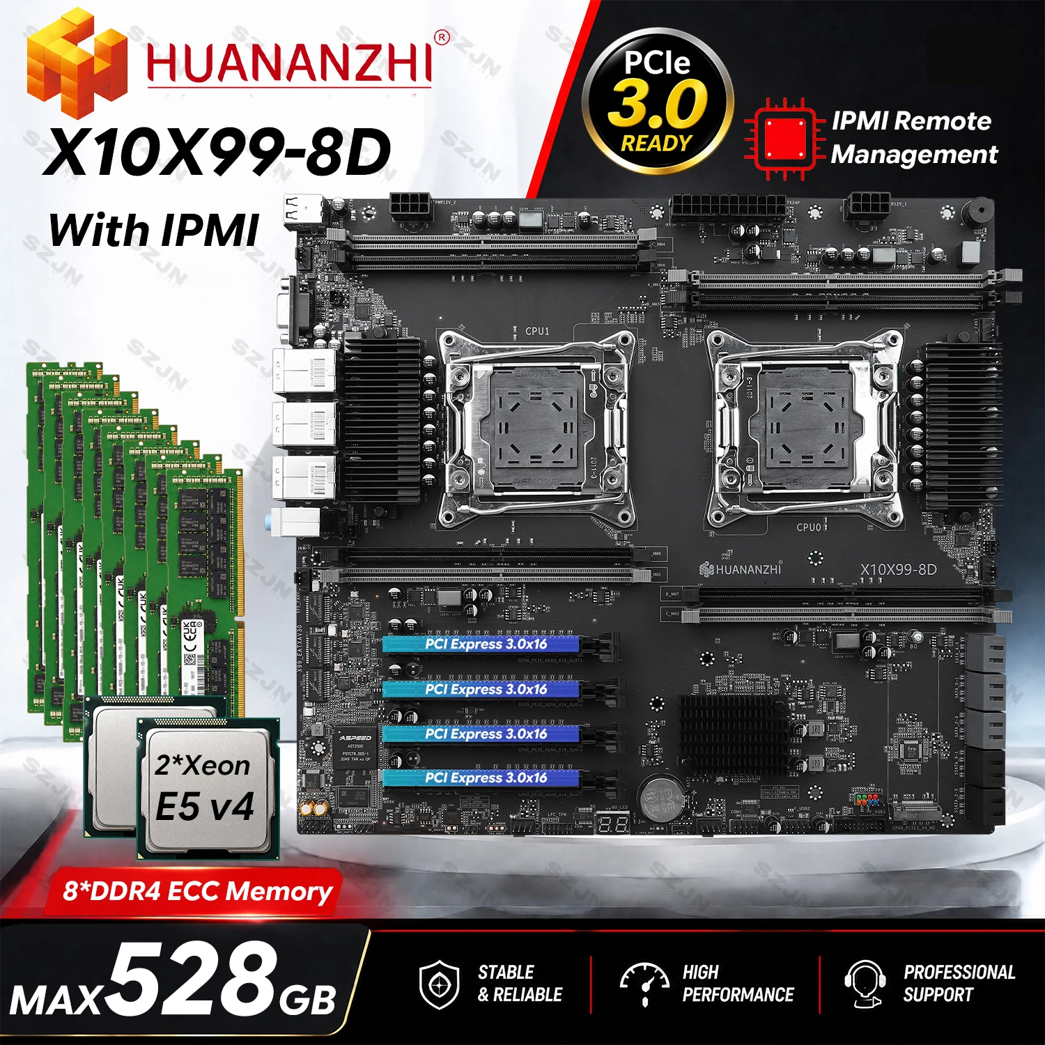 X10X99 8D IPMI Dual Motherboard 2*Xeon E5 V3 V4 CPU DDR4 ECC Max 512GB Quad Channel M.2 NVMe  2.5G LAN  4*Pcle x16 10*SATA