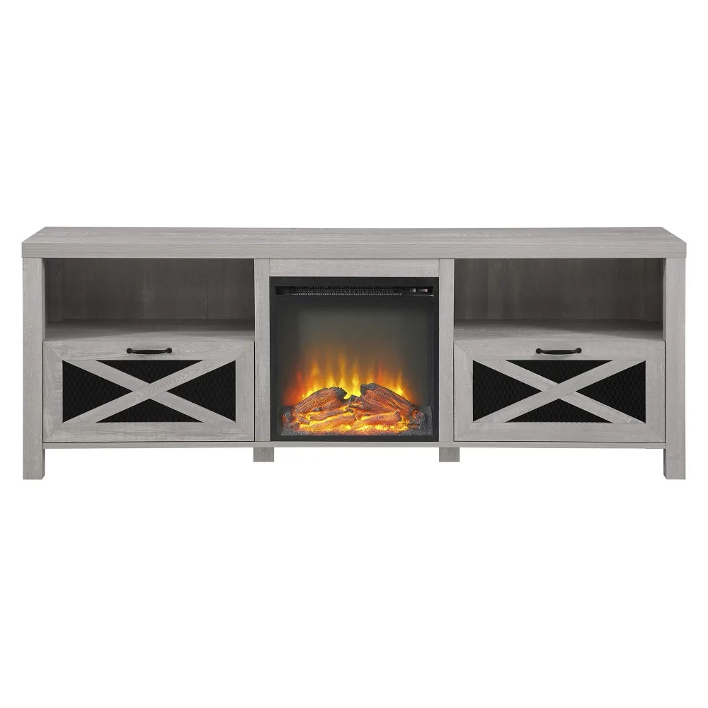 2024 New Metal Mesh and Wood Fireplace TV Stand