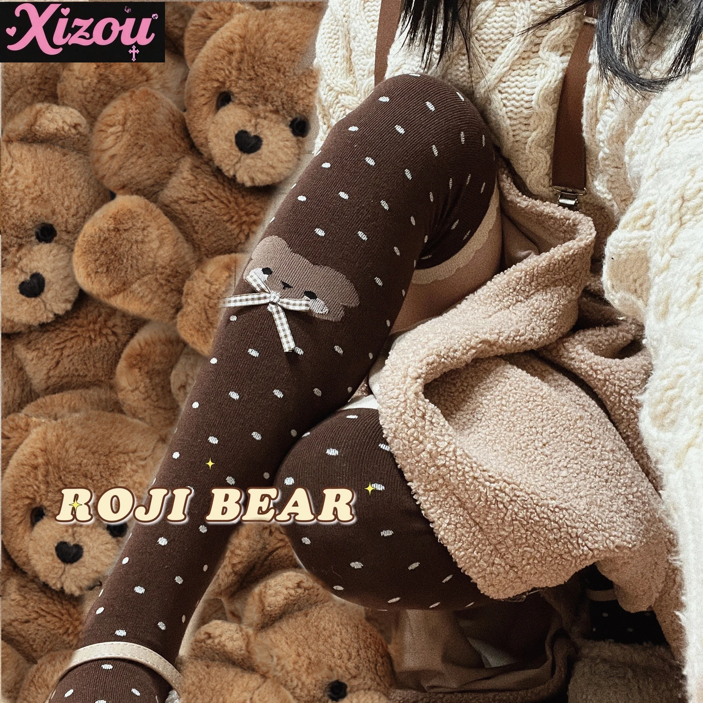 Japanese Cartoon Bear Polka Dot Bow Lolita Socks Women's Autumn Winter Knee Socks Thick Combed Cotton Socks Thin Leg Sock Female