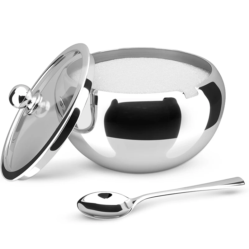 300ML Sugar Bowl Stainless Steel Sugar Pot with Clear Lid and Spoon Kitchen Drum Shape Condiment Container For Salt Sugar Cube