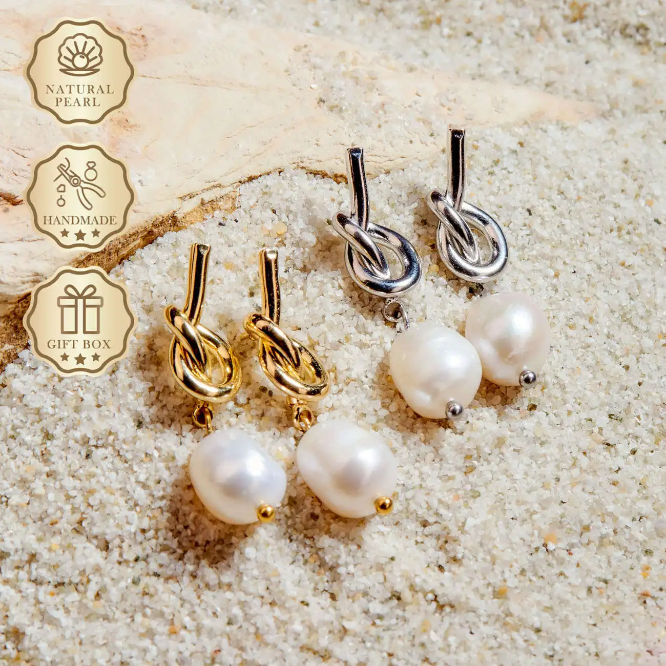 

MYSOYA White Baroque Freshwater Pearl Earrings 8–9mm with Gold & Silver Knot Design, Gift Box, Birthday & Anniversary Gift
