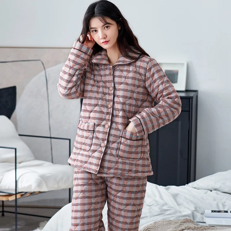 Newest Winter Thick Warm Women Plaid Pajamas Set Female Three Layer Clip Cotton Sleepwear