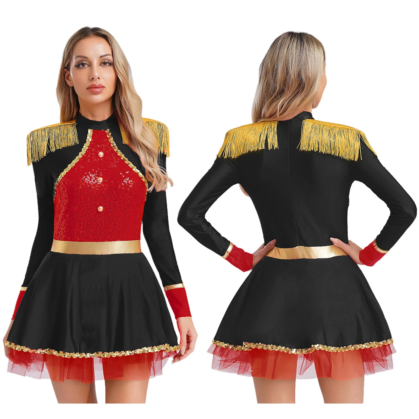 

Women Halloween Circus Ringmaster Magician Cosplay Dress Long Sleeves Shiny Patchwork Tutu Dress for Circus Role Play Uniforms